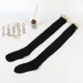 Black over-the-knee socks with lace trim, sweet Lolita school style, cozy cotton knitwear. - Black