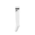 White athletic over-the-knee compression sports socks with black stripes for fitness running. - Cuff Lettering - White