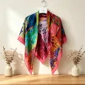 Floral print silk cotton large square scarf, retro style thin shawl for spring and summer. - 3# Pastoral Red