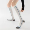 Women's sports compression calf socks, white and grey athletic long socks with blue lines for running. - One Size (35-41) / White