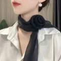 Detailed close-up view of women black chiffon rose flower choker scarf, soft fabric. - Rose Silk Scarf / Black