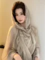 Lace-stitched linen-colored cotton-linen thin scarf, stylish outer shawl and travel headscarf. - 180*90cm / Tan