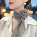 Grey chiffon rose collar flower detail, lightweight soft fabric, elegant women accessory display. - Rose Collar Scarf / Gray