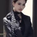 Detailed view of women's black and white polka dot chiffon scarf, lightweight and elegant. - Ribbon Scarf / Black White Polka Dot