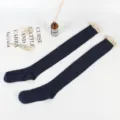 Dark blue cable knit over the knee socks with elegant lace trim for women and student daily wear. - Navy Blue