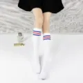 White knee high socks with classic stripes, comfortable cotton JK uniform stockings for daily use. - Mid-Calf White Socks with Red and Blue Stripes