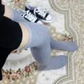 Grey ribbed knit over-the-knee slouch socks for women, spring autumn vertical stripe long socks. - One Size / Fine Ribbed Light Grey