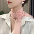 Women's pink chiffon rose flower choker necklace scarf, lightweight soft fabric elegant accessory. - Rose Silk Scarf / Pink