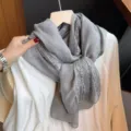 Grey lace splice linen cotton thin scarf women fashion outerwear shawl sunscreen travel turban - 180*90cm / Light Gray