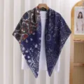 French retro print square scarf lightweight sun protection neckerchief stylish silk-feel shawl. - #7 - Blue Graffiti