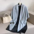 Light blue large scarf and black dress set, soft cotton linen texture fringe shawl for women. - Light Blue