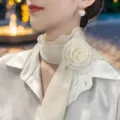 Elegant white rose chiffon choker scarf for women, soft floral neck accessory for spring. - Rose Collar Scarf / Beige