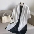 White square scarf with fringe, soft cotton linen feel, versatile shawl for women wear. - White