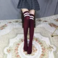 Women over the knee long socks, classic double stripe JK style knit hosiery for daily autumn wear. - One Size / Plain Wine Red Socks with Two White Bars