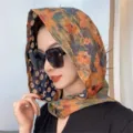 Floral Satin Silk Scarf Hat, Double-Sided Orange Floral and Blue Polka Dot Sun Protection Headwrap - Pastoral Oil Painting