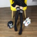 Women black over knee long socks cute JK student striped high tube stockings hosiery apparel - One Size / Plain Black with Two White Stripes