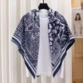 French vintage blue and white print large square scarf, lightweight sun protection shawl. - No. 11 - Blue and White Porcelain