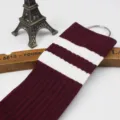 Burgundy over-the-knee socks for women, featuring a classic two white stripe ribbed knit design. - One Size / Vertical Stripe Two-Bar Wine Red