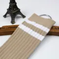 Khaki two-stripe ribbed over-the-knee socks, classic JK student long stockings for autumn. - One Size / Vertical Striped Socks with Two Bars - Beige