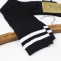 Black cable knit over-the-knee socks with white stripes for women JK student daily wear. - One Size / Cable Knit with Two Stripes - Black