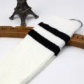 Classic white knee-high socks with two black stripes, soft knit cotton, perfect daily wear. - One Size / Vertical Stripes with Two Bars - White