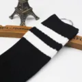 Black and white two-stripe knitted over-the-knee socks, classic JK student long stockings. - One Size / Vertical Stripes with Two Bars - Black