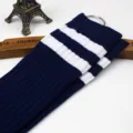 Navy blue over-the-knee socks with white stripes, stylish knit long tube stockings for women. - One Size / Vertical Stripe Two-Bar Navy Blue