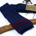 Dark blue knitted over-the-knee socks for women with double stripe, vintage student style. - One Size / Cable Knit Two-Stripe Navy Blue