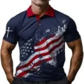 Men's 3D American Flag Print Polo Shirt, Red Collar, Short Sleeve Casual Men Tee - ML26112205-33 / 3XL