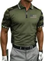 Men's short sleeve golf polo shirt with camo patchwork, American flag patch, and zipper front. - ML26112205-46 / 3XL