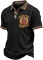 Men's black novelty polo shirt with Aztec collar cuffs and skeleton graphic print variant. - ML26112205-49 / 3XL