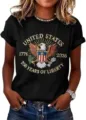 Women graphic short sleeve t-shirt casual summer black top with patriotic eagle print design. - 3XL / Tops / Style 5