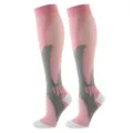 Professional sports calf compression socks detail, breathable pink and grey athletic gear for run. - Pink