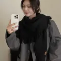 Women black knitted fringe triangular shawl scarf autumn winter warm solid color style - Black