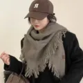 Winter knitted fringe triangular scarf for women, warm solid color thick shawl wrap. - Mocha