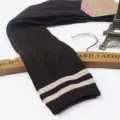 Dark brown cable knit over-the-knee socks with double white stripes, JK style long socks. - One Size / Cable Knit with Two Stripes - Coffee
