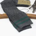 Dark grey cable knit over-the-knee socks with green stripes JK style student long stockings - One Size / Cable Knit with Two Stripes - Dark Grey