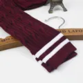 Wine red over-the-knee socks with cable knit texture and white double stripes variant. - One Size / Cable Knit Two-Stripe Wine Red