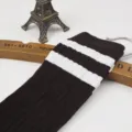 Brown JK over-the-knee socks with double white stripes, soft knit vertical ribbed design. - One Size / Vertical Stripes with Two Bars - Coffee