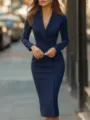 Elegant navy blue long sleeve lapel single-breasted slim fit midi blazer dress detail view. - S / Navy Blue
