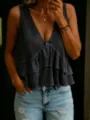 Women summer solid color V-neck layered ruffle sleeveless tank top detail showcase - S / Black
