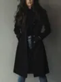 Women long trench coat autumn winter suede lapel outerwear stylish casual elegant black. - S / Black