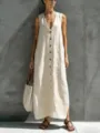 Detail view of the women linen V-neck button sleeveless loose maxi dress in beige color. - 3XL / Dresses / Ivory