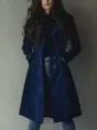 Detailed view of the elegant blue suede trench coat, featuring lapel collar and buttons. - S / Dark Blue
