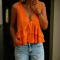 Femme Été Couleur Unie Col V Volants Sans Manches Débardeur Orange Gilet Casual - Rouge Orangé