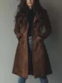 Stylish women long suede trench coat autumn winter lapel single breasted outerwear brown - S / Dark Brown