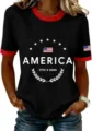 Women casual patriotic short sleeve T-shirt with America letter print and contrast red trim. - ML2655936-23 / 3XL