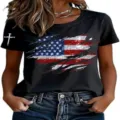 Women's short sleeve crewneck t-shirt with American flag print and sleeve cross detail. - ML2655936-35 / 3XL