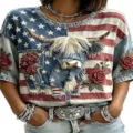 Women vintage American flag highland cow 3D print crew neck short sleeve casual t-shirt - ML2655936-38 / 3XL