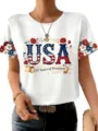 Women white short sleeve T-shirt, round neck, USA letter floral print, casual summer top. - ML251072338-11 / 3XL